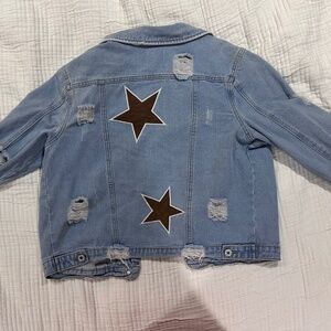 Distressed Denim Jacket with Star Patches - Size L